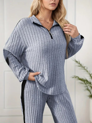 Completo Donna a Coste con Maglia Mezza Zip e Pantaloni a Gamba Larga – Righe Laterali e Comfort – Sabrina