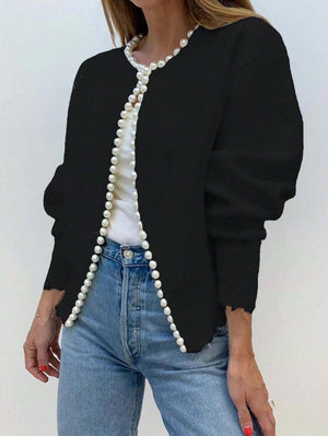 Cardigan Donna Aperto con Bordo di Perle Decorative – Eleganza Romantica – Aurora