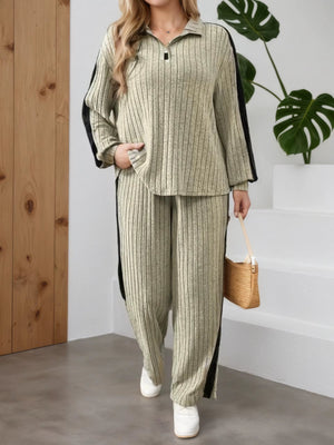Completo Donna a Coste con Maglia Mezza Zip e Pantaloni a Gamba Larga – Righe Laterali e Comfort – Sabrina
