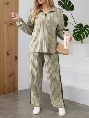 Completo Donna a Coste con Maglia Mezza Zip e Pantaloni a Gamba Larga – Righe Laterali e Comfort – Sabrina