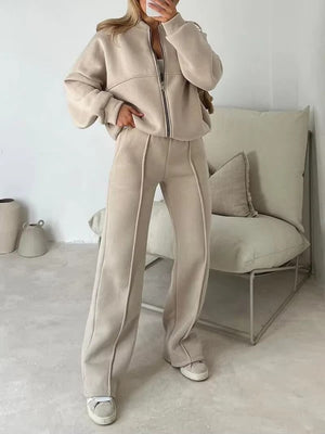 Completo Donna con Giacca Oversize con Zip e Pantaloni a Gamba Larga – Eleganza Casual e Comfort – Bianca