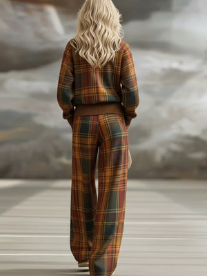 Completo Donna a Quadri con Maglia Girocollo e Pantaloni Palazzo – Stile Tartan ed Eleganza Autunnale – Rebecca