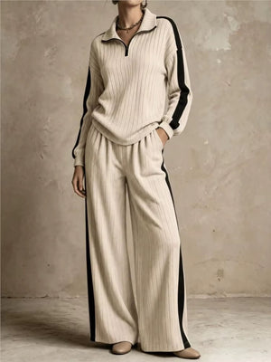 Completo Donna a Coste con Pullover Mezza Zip e Pantaloni Palazzo – Righe a Contrasto e Comfort – Greta