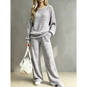 Completo Donna in Maglia Lavorata con Maglione Girocollo e Pantaloni a Gamba Larga – Comfort ed Eleganza – Camilla