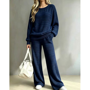 Completo Donna in Maglia Lavorata con Maglione Girocollo e Pantaloni a Gamba Larga – Comfort ed Eleganza – Camilla