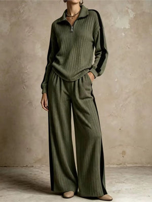 Completo Donna a Coste con Pullover Mezza Zip e Pantaloni Palazzo – Righe a Contrasto e Comfort – Greta