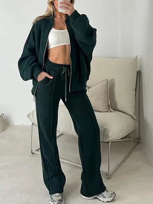 Completo Donna con Giacca Oversize con Zip e Pantaloni a Gamba Larga – Eleganza Casual e Comfort – Bianca