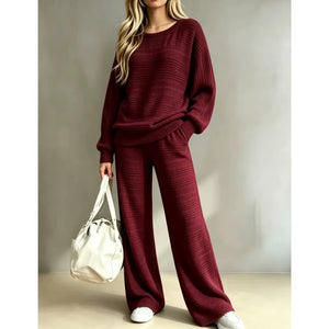 Completo Donna in Maglia Lavorata con Maglione Girocollo e Pantaloni a Gamba Larga – Comfort ed Eleganza – Camilla