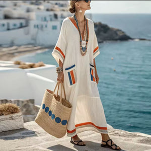 Vestito Lungo Estivo Donna Caftano Lino con Tasche e Bande Colorate | Lipari