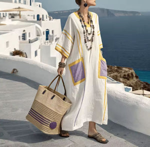 Vestito Lungo Estivo Donna Caftano Lino con Tasche e Bande Colorate | Lipari