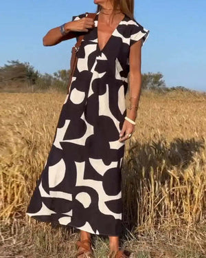 Vestito Lungo Largo Stampato con Scollo a V