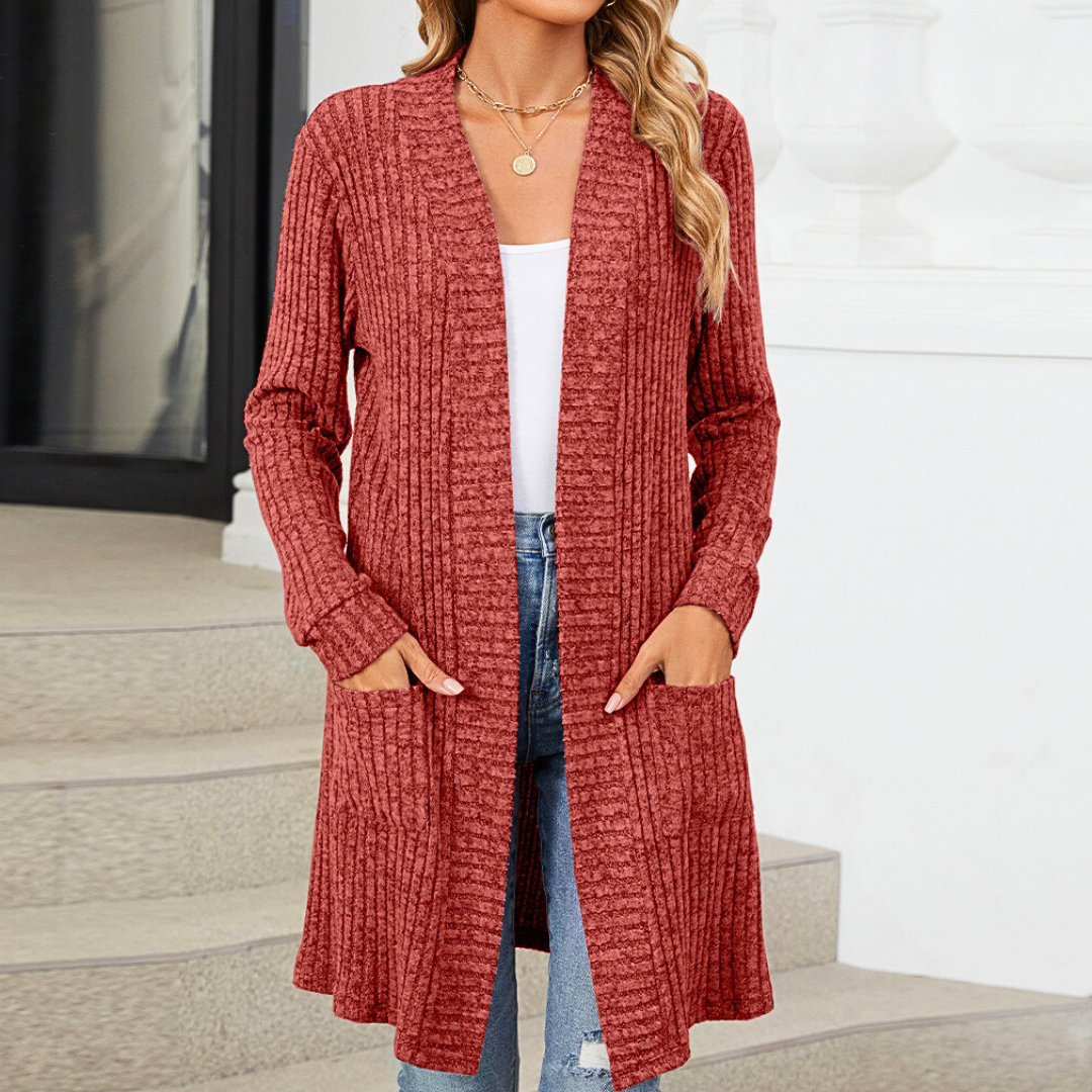 Cardigan Donna Lungo Elegante Chiara – Maglia a Coste Morbida con Tasche