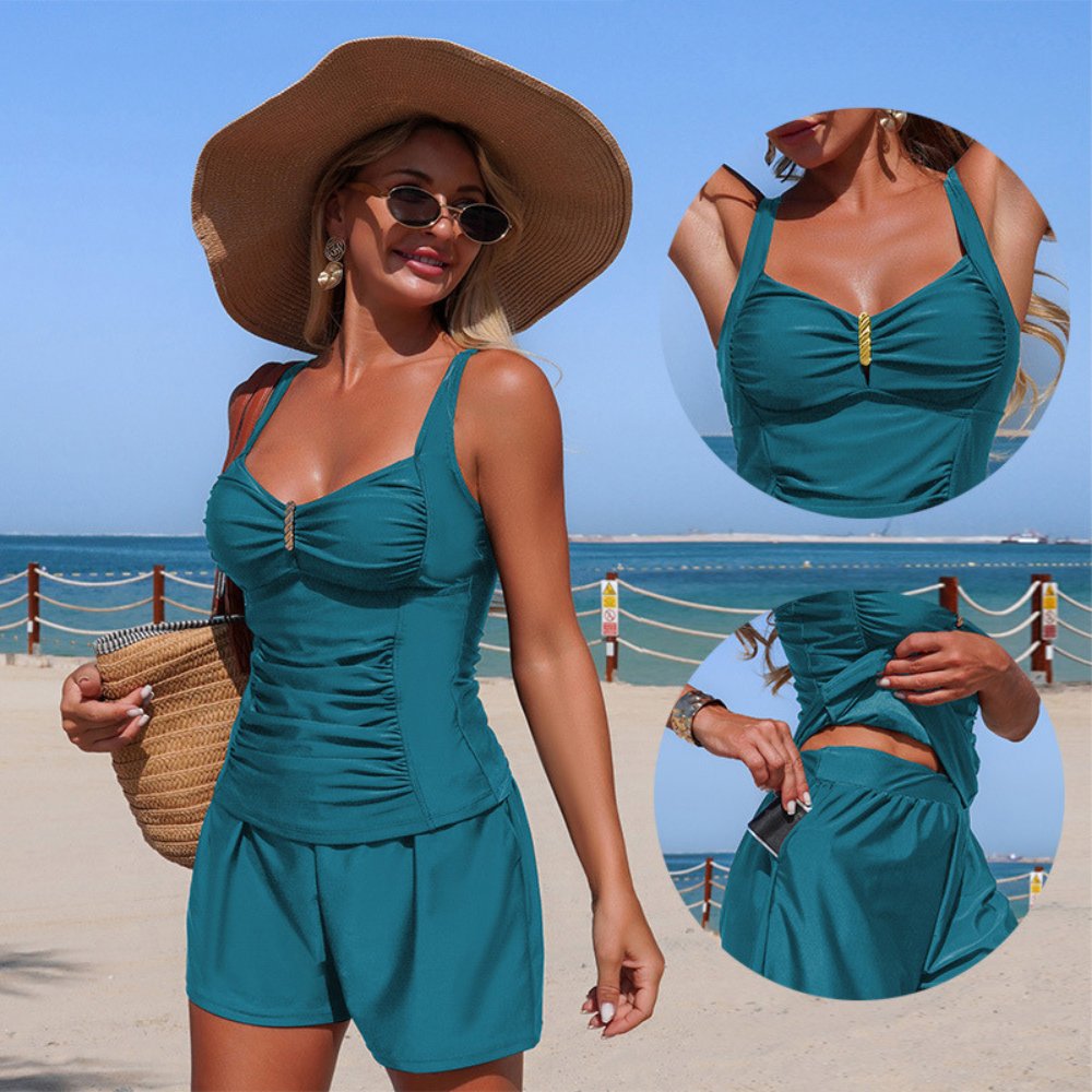 Tankini Donna Elegante con Shorts e Dettaglio Dorato