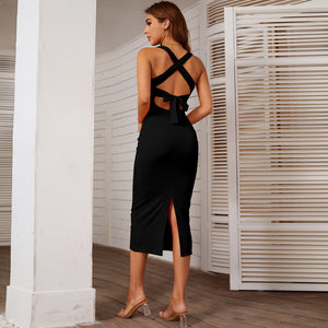 Vestito Midi Aderente con Schiena Scoperta a Fiocco