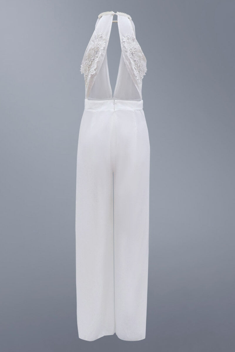 Chiara – Tuta Lunga Elegante Donna con Scollo Profondo, Spacchi e Dettaglio a Perle