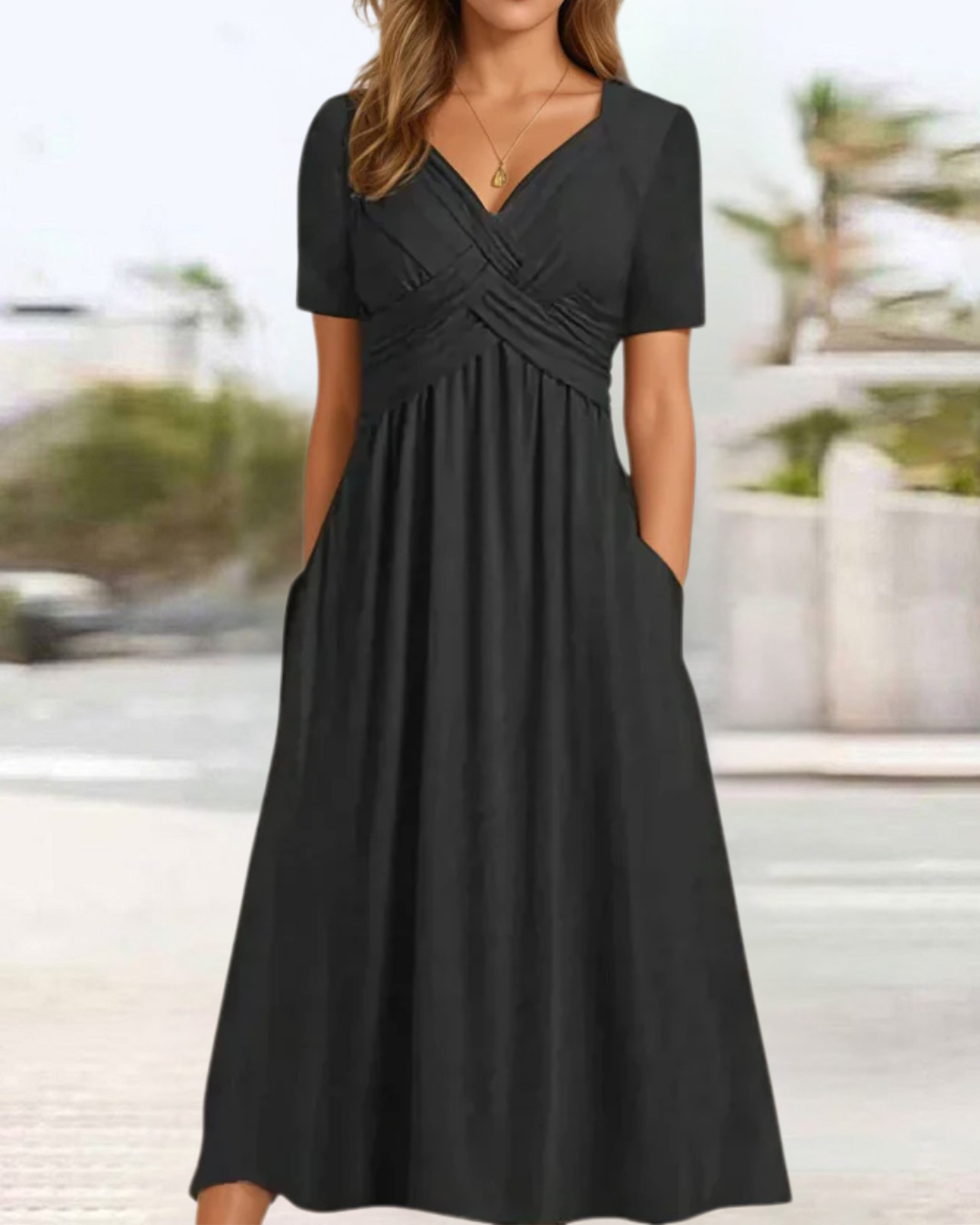 Vestito Midi Elegante con Scollo a V e Tasche – Amara