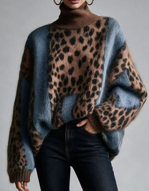 Maglione Donna Oversize Animalier con Collo Alto e Inserti Color Block – Stile Audace – Ludovica