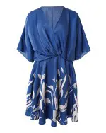 Vestito Corto Stampato con Scollo a V e Nodo Anteriore