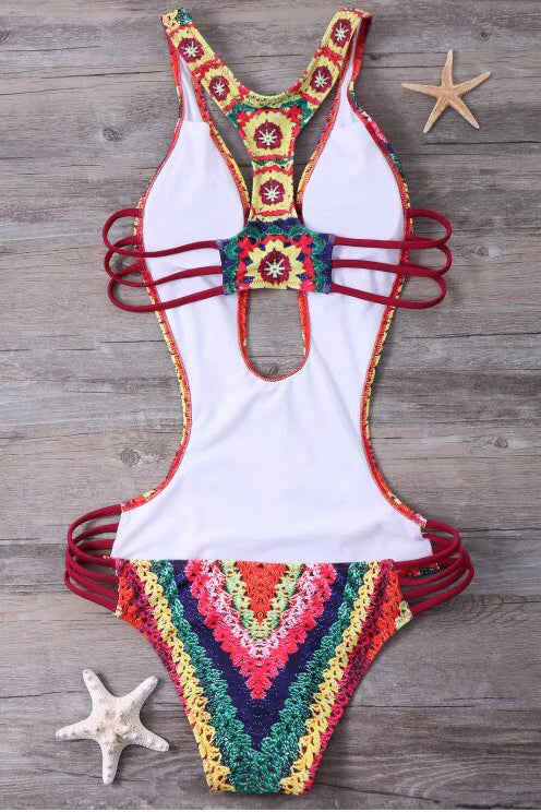 Costume Intero con Stampa Uncinetto e Schiena Scoperta