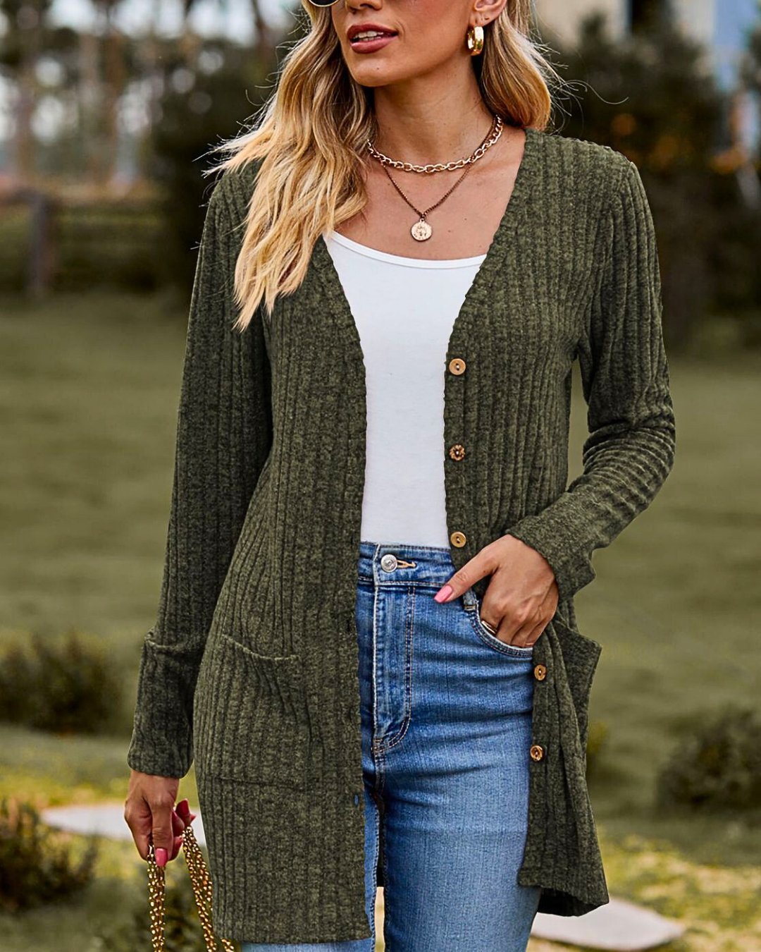 Cardigan Donna Elegante Sveva – Lungo in Maglia a Coste con Bottoni e Tasche