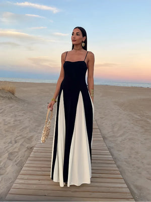 Vestito Lungo Elegante Nero e Bianco con Scollo a Cuore
