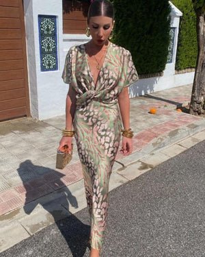 Bruna | Vestito Lungo Satinato Twisted con Scollo a V Drappeggiato