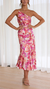 Vestito Midi Satinato Asimmetrico con Stampa Floreale