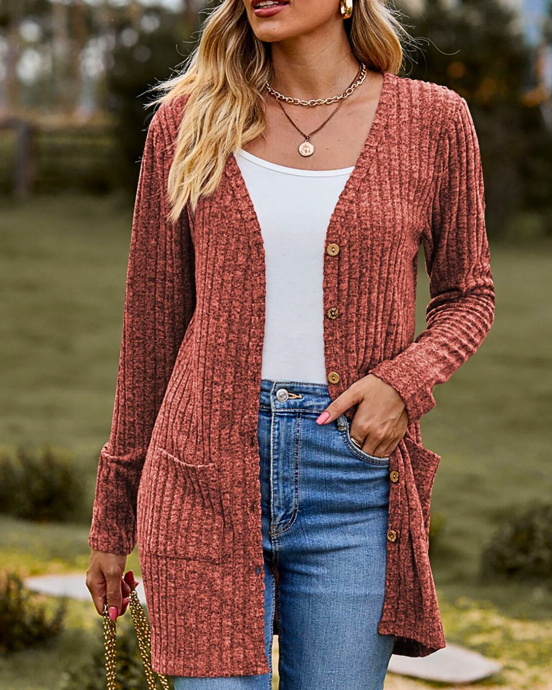 Cardigan Donna Elegante Sveva – Lungo in Maglia a Coste con Bottoni e Tasche