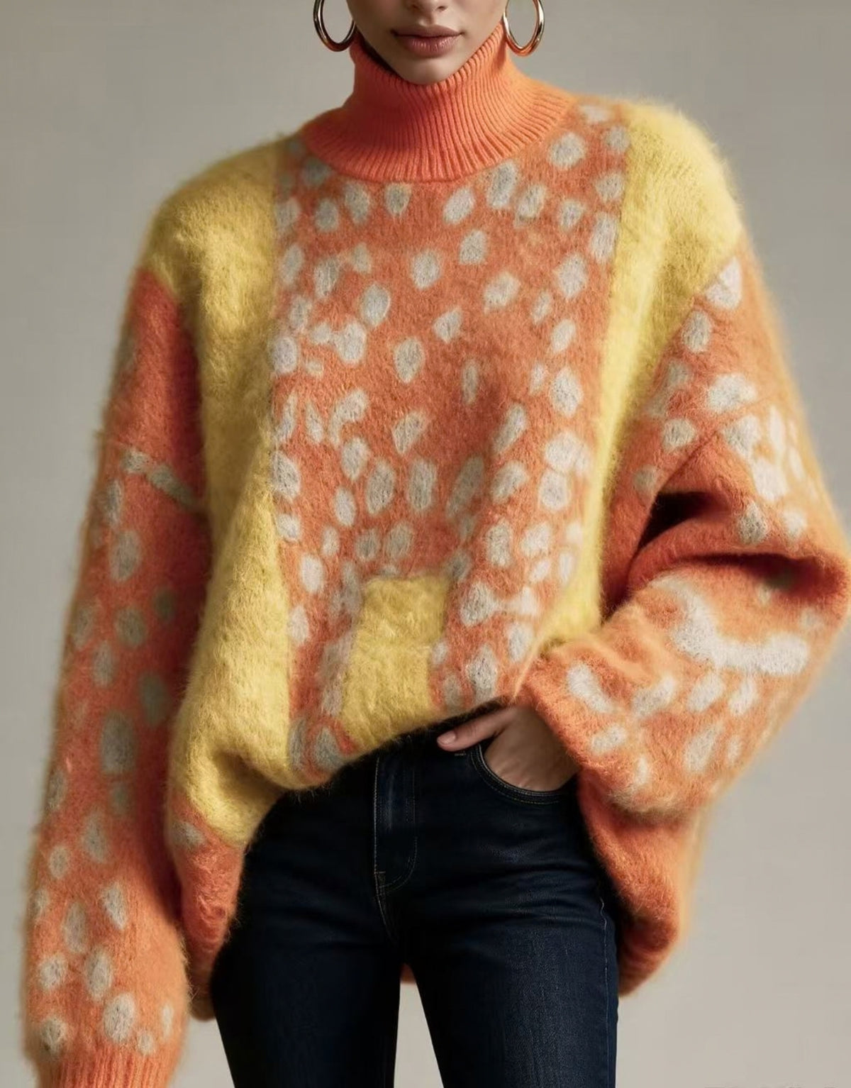 Maglione Donna Oversize Animalier con Collo Alto e Inserti Color Block – Stile Audace – Ludovica