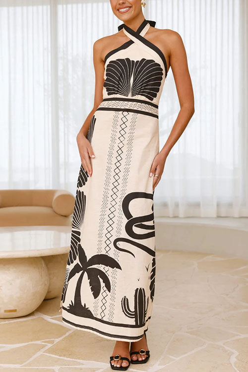 Vestito Lungo Halter Incrociato con Stampa Palm Canyon