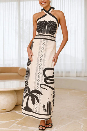 Vestito Lungo Halter Incrociato con Stampa Palm Canyon