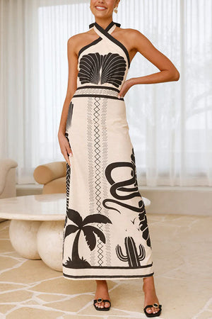 Vestito Lungo Halter Incrociato con Stampa Palm Canyon