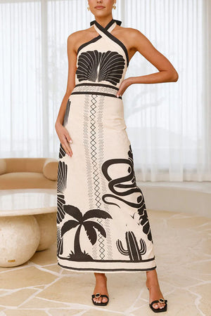 Vestito Lungo Halter Incrociato con Stampa Palm Canyon