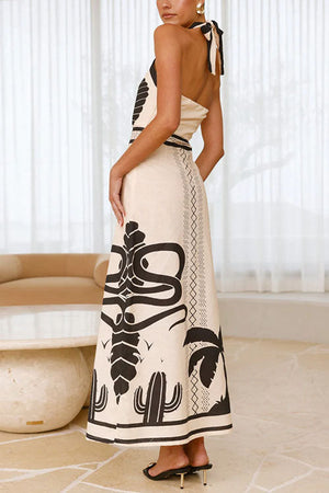 Vestito Lungo Halter Incrociato con Stampa Palm Canyon