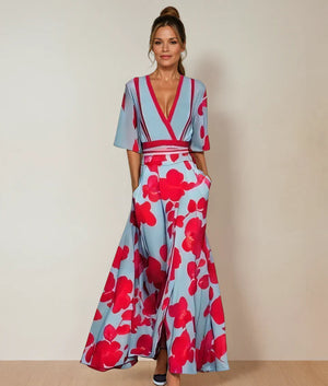 Andrea – Vestito Lungo Elegante Stampato con Scollo a V