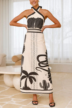Vestito Lungo Halter Incrociato con Stampa Palm Canyon