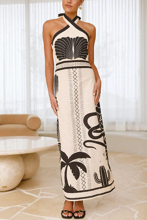 Vestito Lungo Halter Incrociato con Stampa Palm Canyon