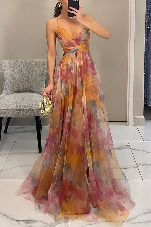 Evelyn - Vestito Lungo Elegante con Stampa Raffinata e Lacci sulla Schiena