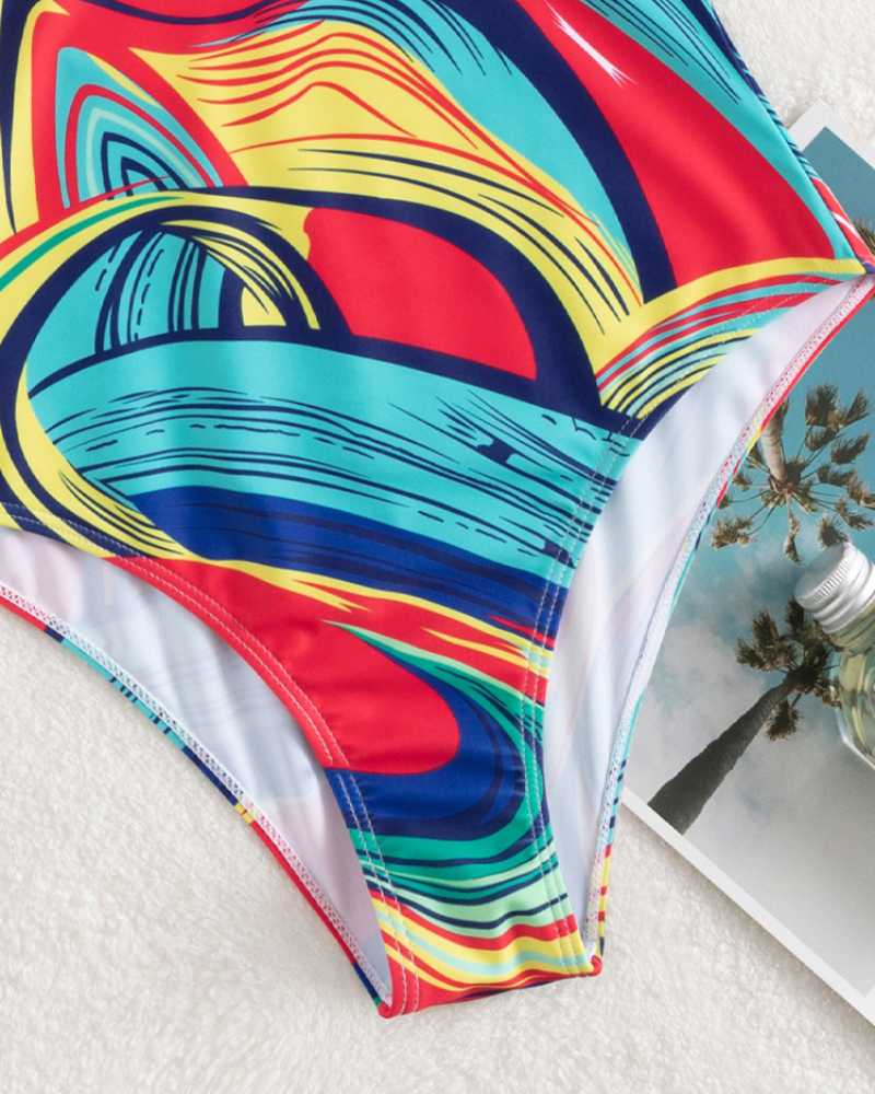 Costume Intero Donna Scollo a V – Stampa Astratta e Dettaglio Perline Dorato