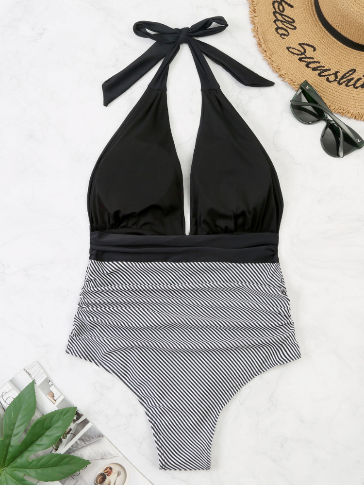 Costume Intero Donna Contenitivo Scollo V Profondo a Righe