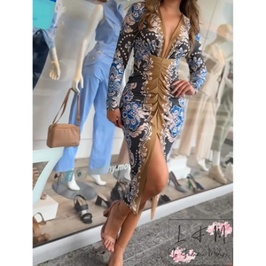 Vestito Midi con Stampa Floreale e Drappeggiato Frontale