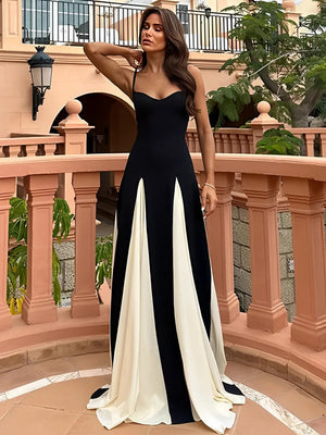 Vestito Lungo Elegante Nero e Bianco con Scollo a Cuore