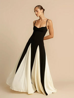 Vestito Lungo Elegante Nero e Bianco con Scollo a Cuore