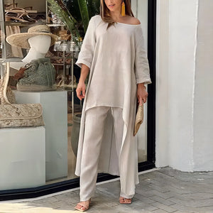 Alessia – Completo Donna Elegante in Stile Lino con Tunica Asimmetrica