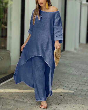 Alessia – Completo Donna Elegante in Stile Lino con Tunica Asimmetrica