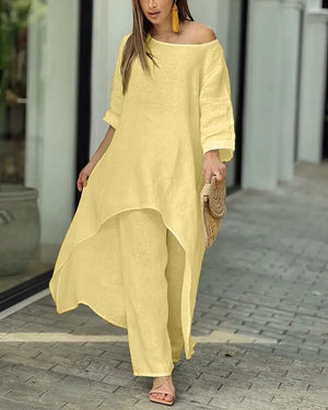 Alessia – Completo Donna Elegante in Stile Lino con Tunica Asimmetrica