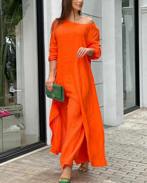 Alessia – Completo Donna Elegante in Stile Lino con Tunica Asimmetrica