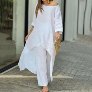 Alessia – Completo Donna Elegante in Stile Lino con Tunica Asimmetrica