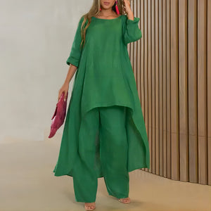 Alessia – Completo Donna Elegante in Stile Lino con Tunica Asimmetrica
