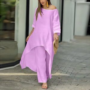 Alessia – Completo Donna Elegante in Stile Lino con Tunica Asimmetrica